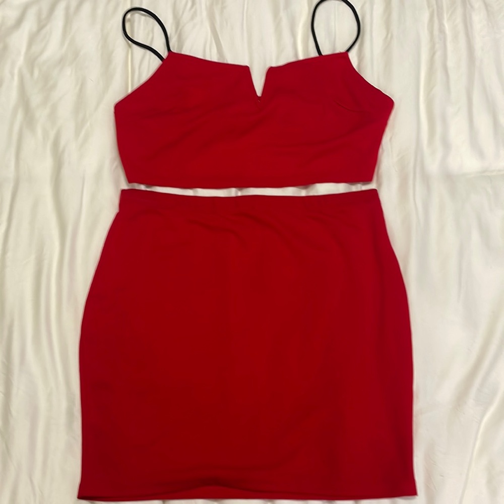 NWOT red crop top and skirt set large